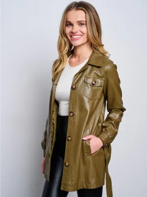 WOMEN'S LONG SLEEVE BUTTON UP SELF TIE PU PLEATHER JACKET
