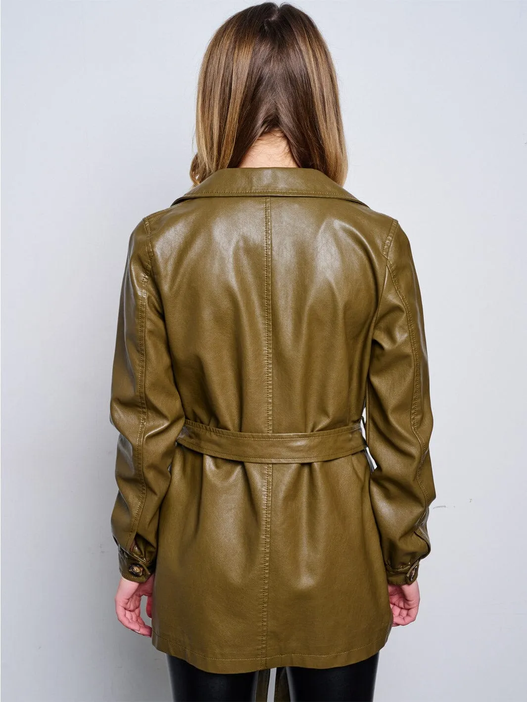 WOMEN'S LONG SLEEVE BUTTON UP SELF TIE PU PLEATHER JACKET