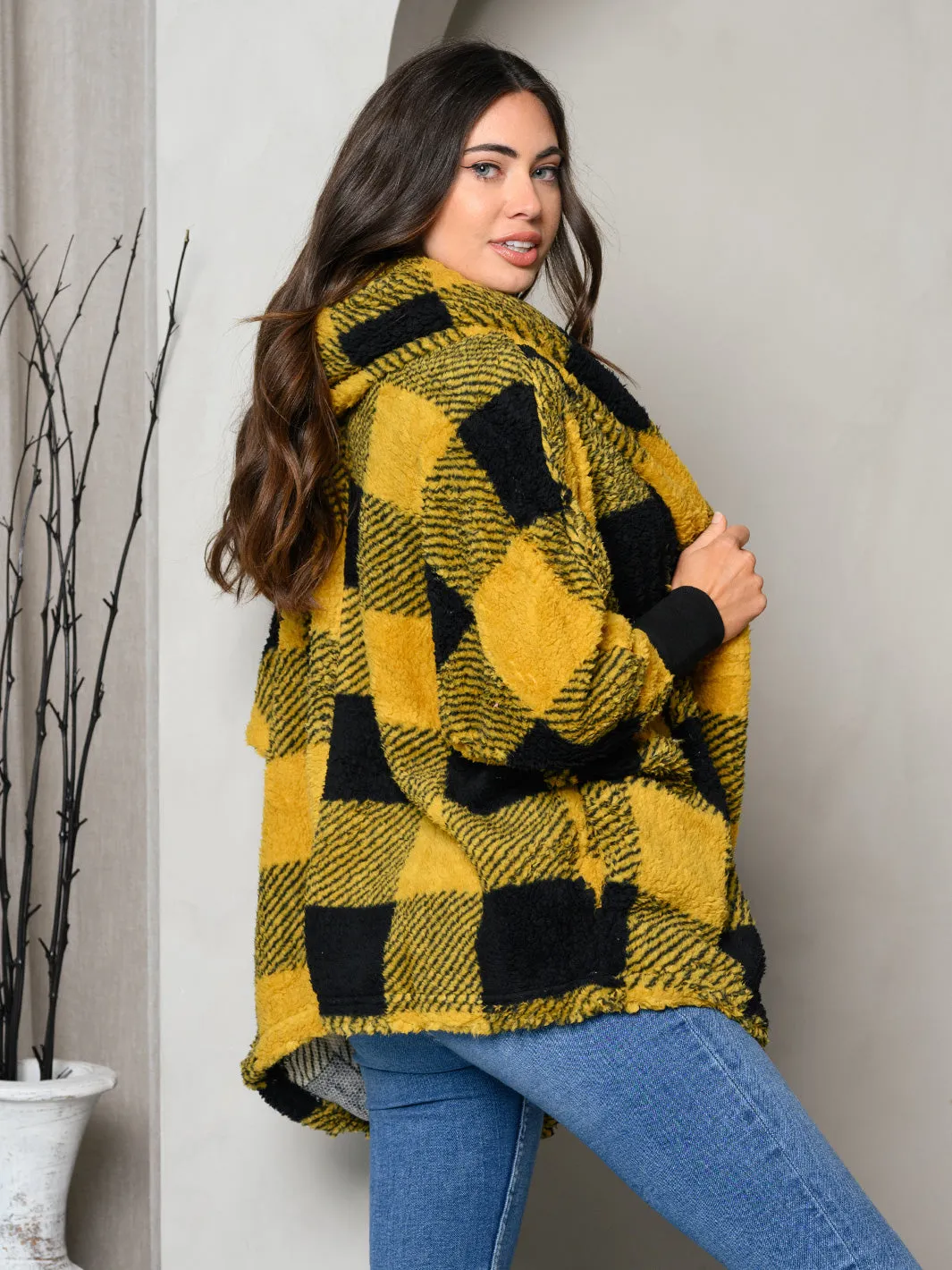 WOMEN'S LONG SLEEVE PLAID PRINT HOODIE OPEN CARDIGAN JACKET