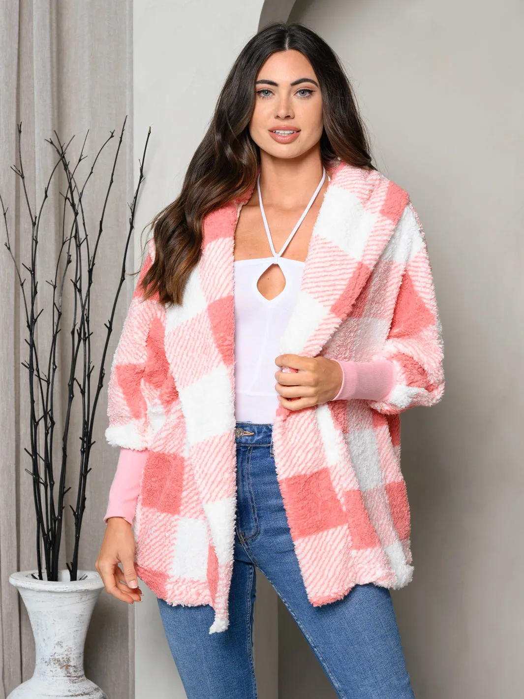 WOMEN'S LONG SLEEVE PLAID PRINT HOODIE OPEN CARDIGAN JACKET