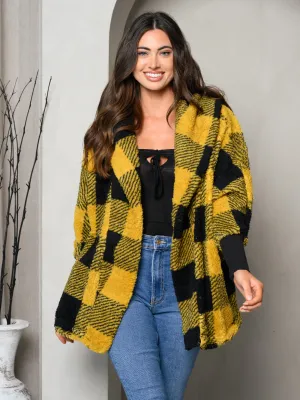 WOMEN'S LONG SLEEVE PLAID PRINT HOODIE OPEN CARDIGAN JACKET