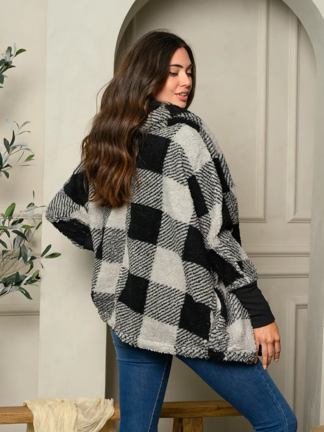 WOMEN'S LONG SLEEVE PLAID PRINT HOODIE OPEN CARDIGAN JACKET