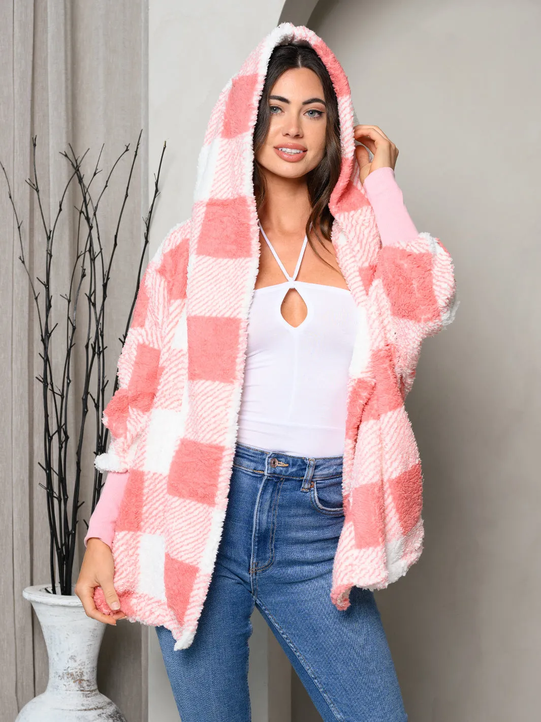 WOMEN'S LONG SLEEVE PLAID PRINT HOODIE OPEN CARDIGAN JACKET