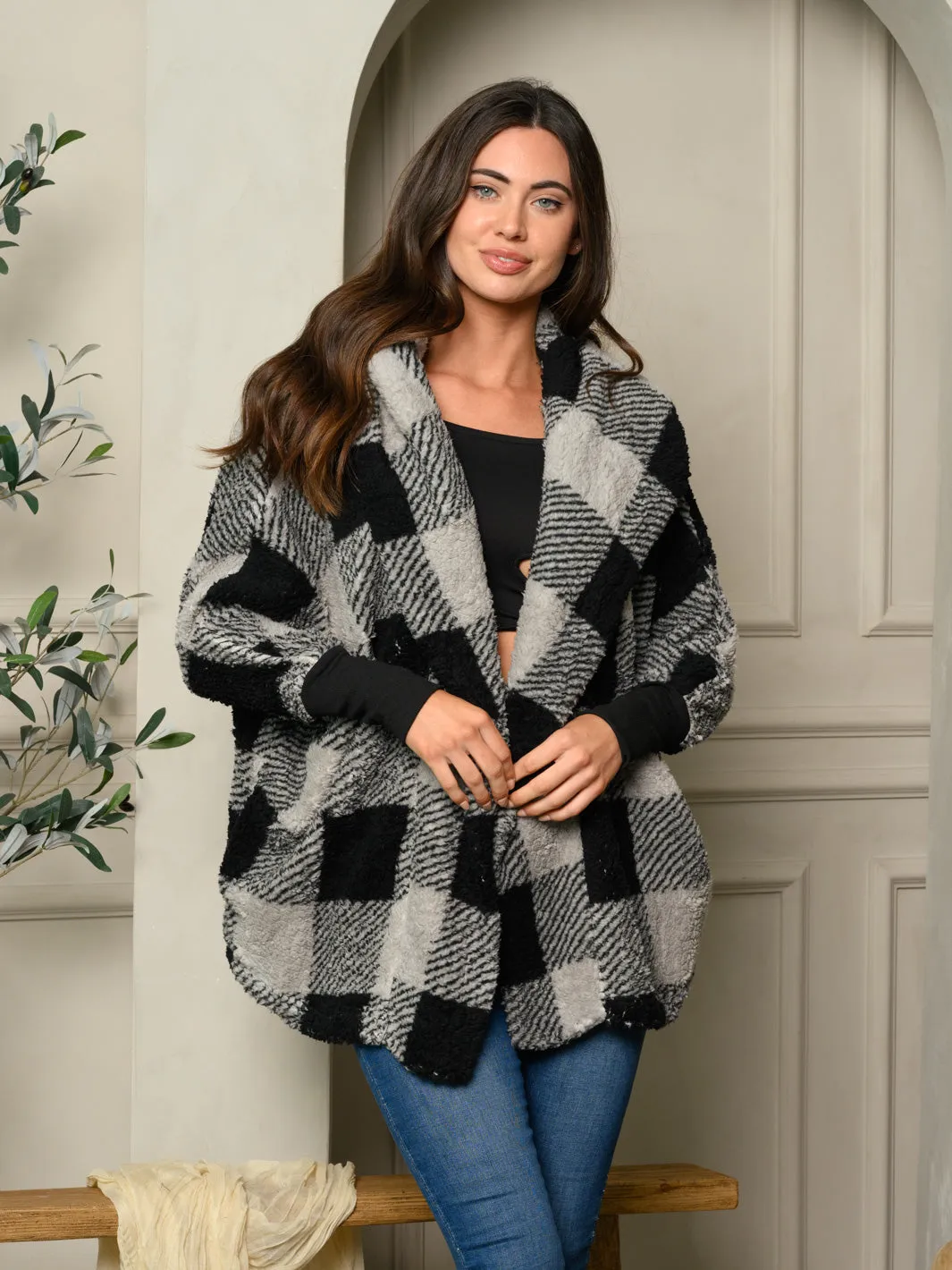 WOMEN'S LONG SLEEVE PLAID PRINT HOODIE OPEN CARDIGAN JACKET