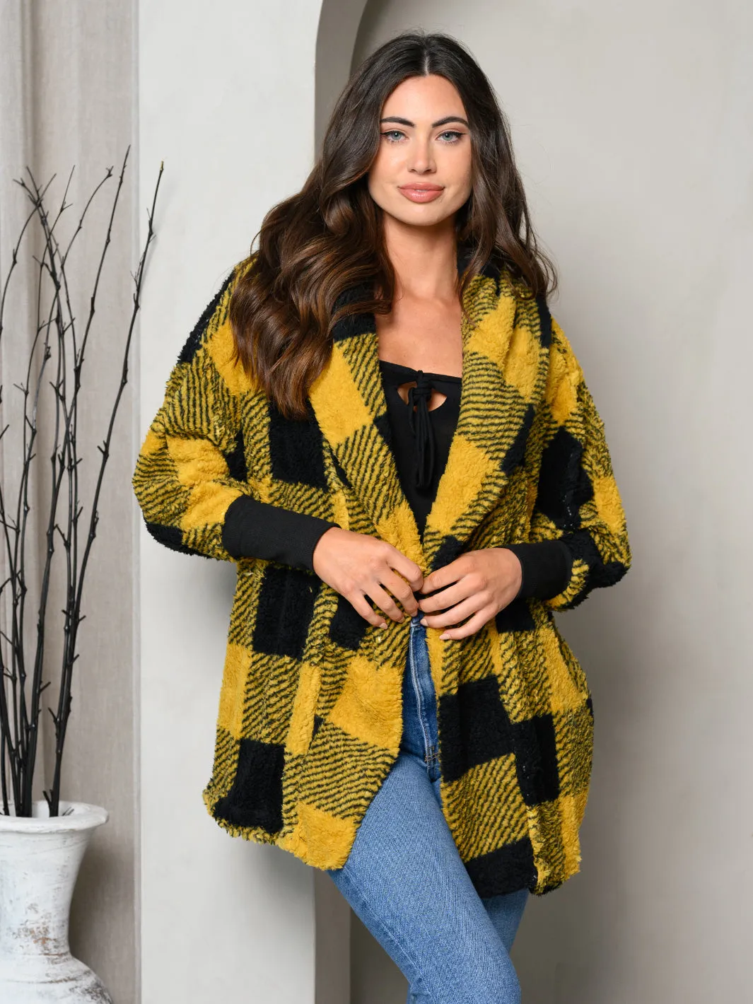 WOMEN'S LONG SLEEVE PLAID PRINT HOODIE OPEN CARDIGAN JACKET