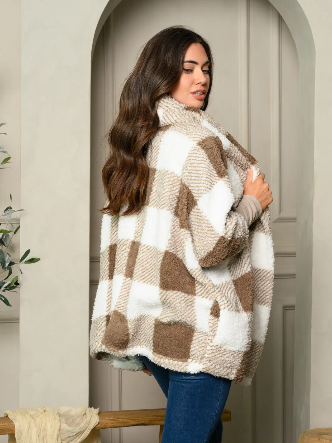 WOMEN'S LONG SLEEVE PLAID PRINT HOODIE OPEN CARDIGAN JACKET