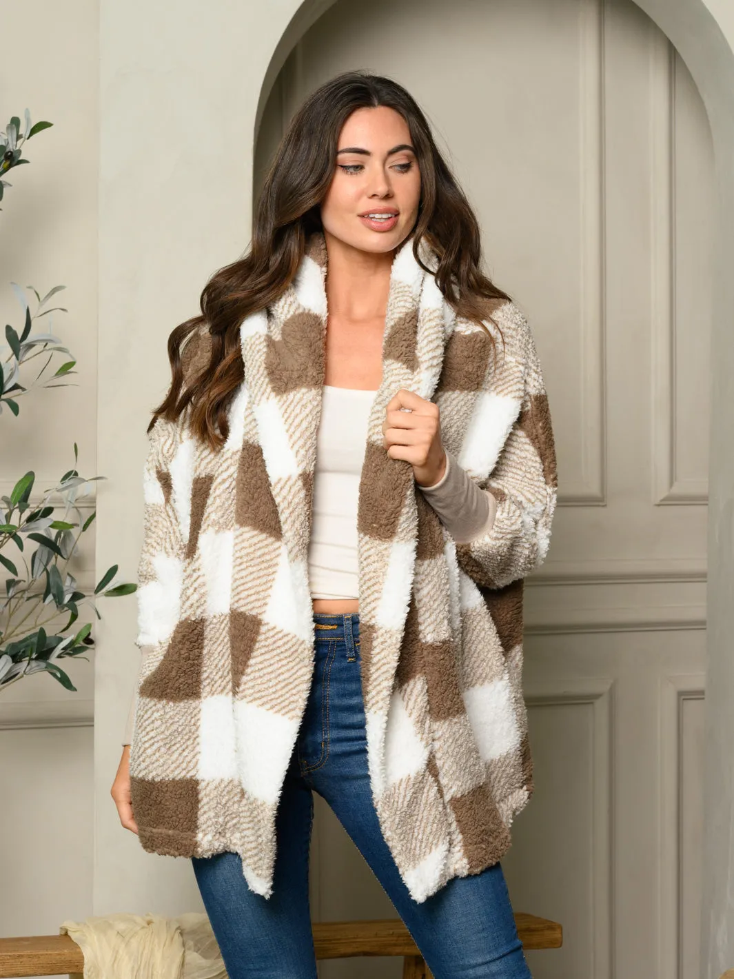 WOMEN'S LONG SLEEVE PLAID PRINT HOODIE OPEN CARDIGAN JACKET