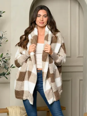 WOMEN'S LONG SLEEVE PLAID PRINT HOODIE OPEN CARDIGAN JACKET