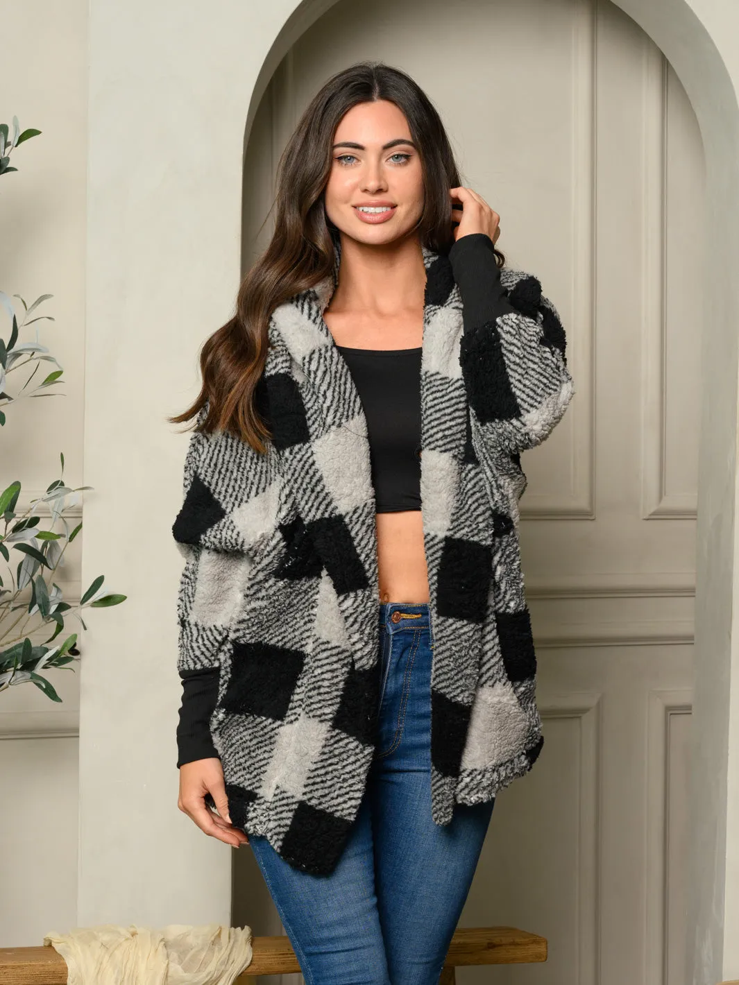WOMEN'S LONG SLEEVE PLAID PRINT HOODIE OPEN CARDIGAN JACKET