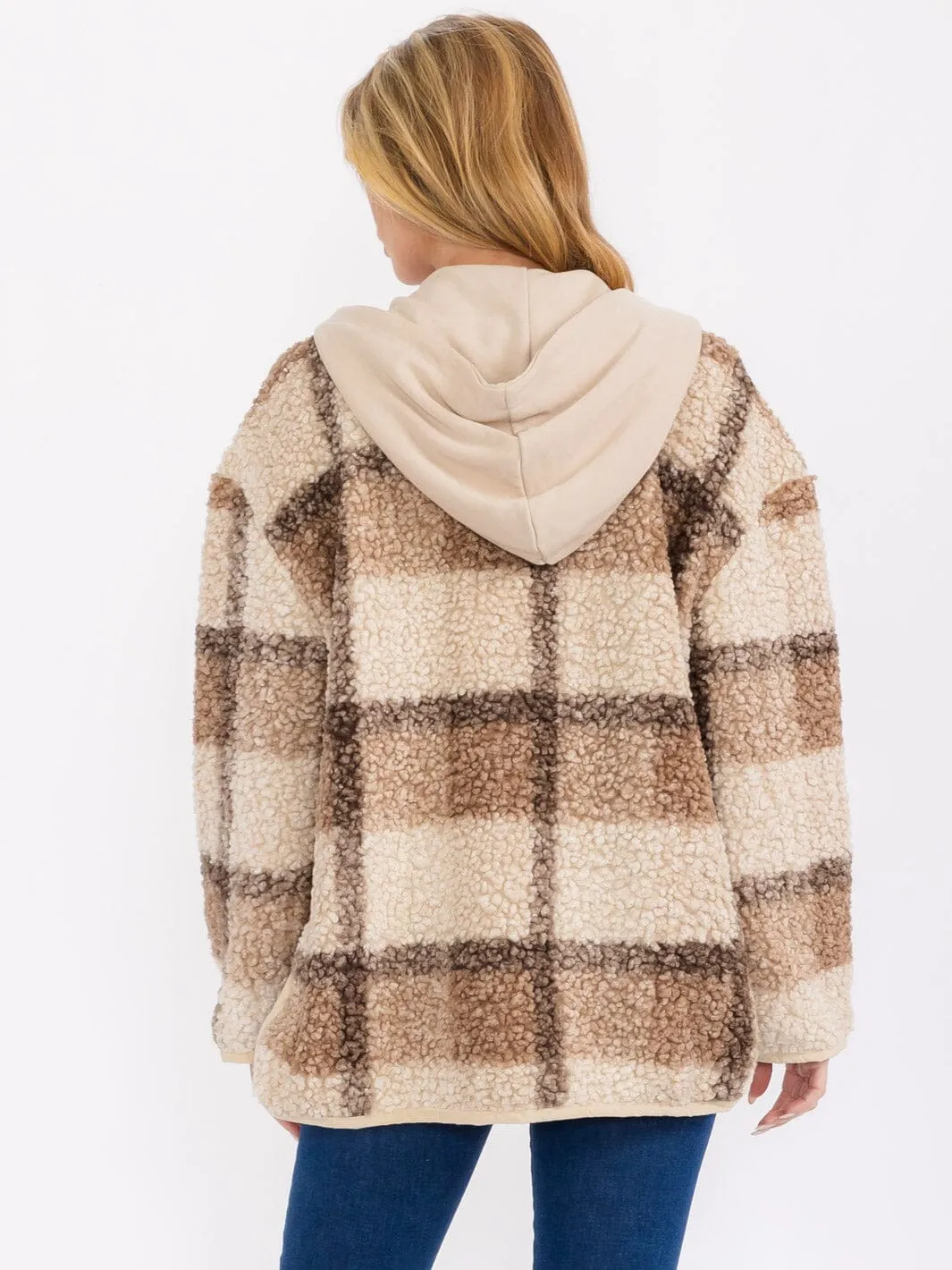 WOMEN'S LONG SLEEVE ZIP UP FRONT POCKETS HOODED SHERPA PLAID JACKET