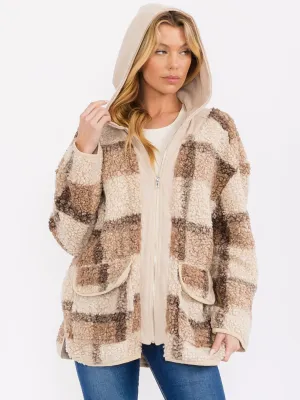 WOMEN'S LONG SLEEVE ZIP UP FRONT POCKETS HOODED SHERPA PLAID JACKET