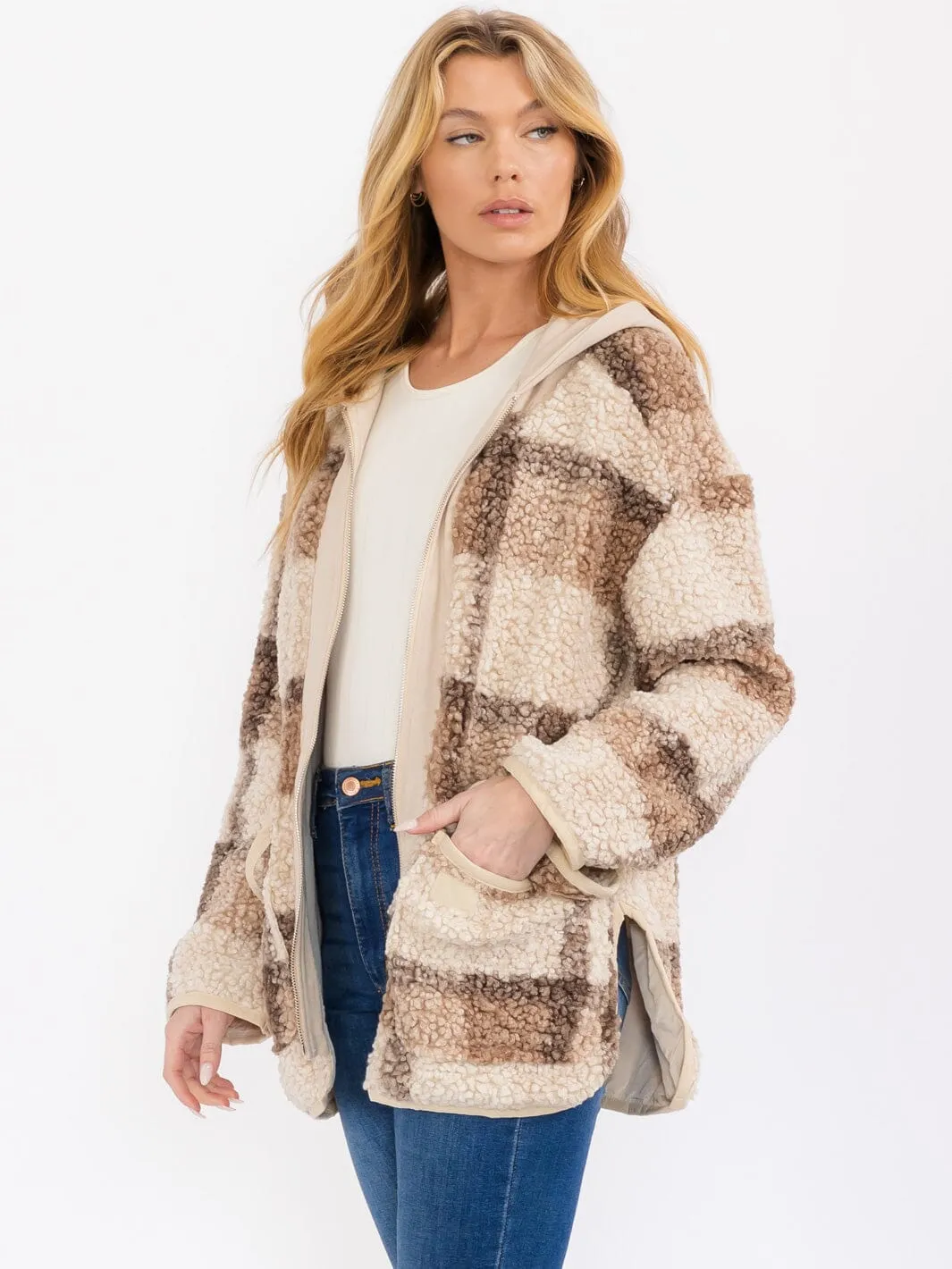 WOMEN'S LONG SLEEVE ZIP UP FRONT POCKETS HOODED SHERPA PLAID JACKET