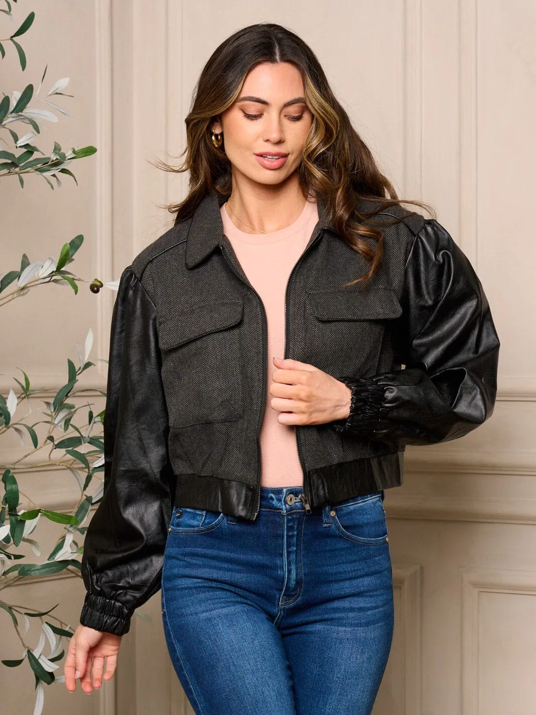 WOMEN'S LONG SLEEVE ZIP UP FRONT POCKETS PU JACKET