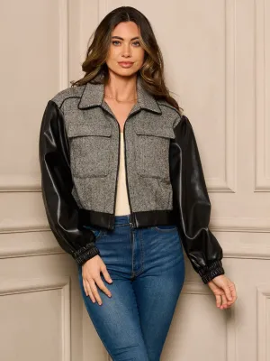 WOMEN'S LONG SLEEVE ZIP UP FRONT POCKETS PU JACKET