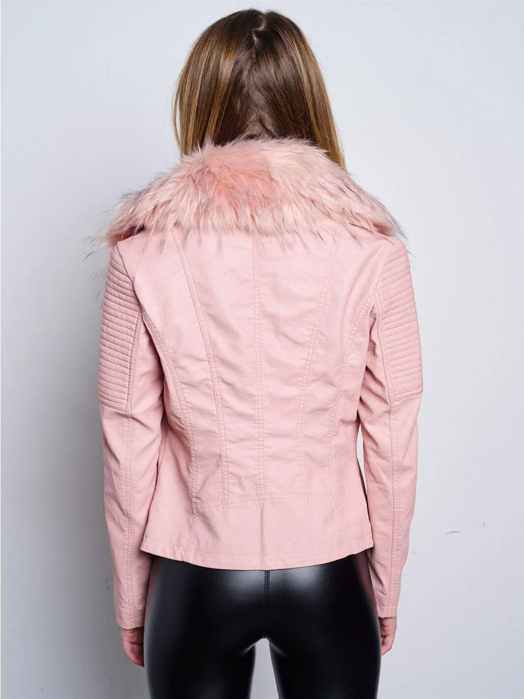 WOMEN'S LONG SLEEVE ZIP UP REMOVABLE SHERPA COLLAR PU PLEATHER JACKET