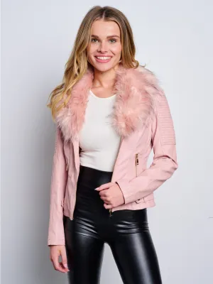 WOMEN'S LONG SLEEVE ZIP UP REMOVABLE SHERPA COLLAR PU PLEATHER JACKET