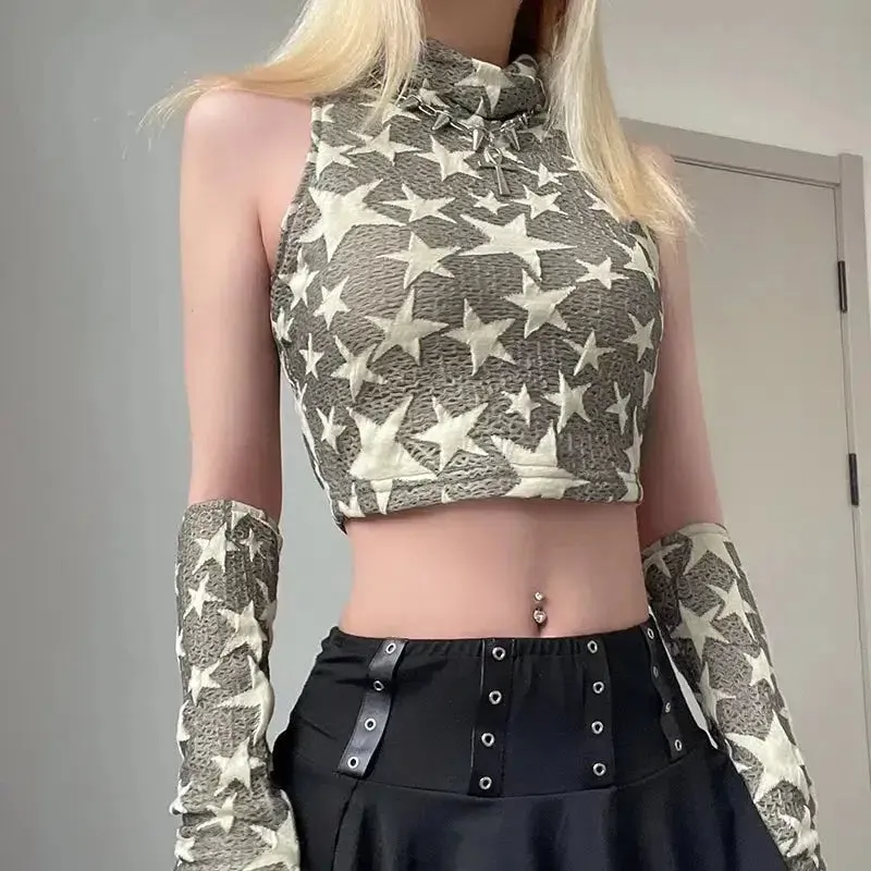 Y2K Crop Top with Turtleneck and Fingerless Gloves