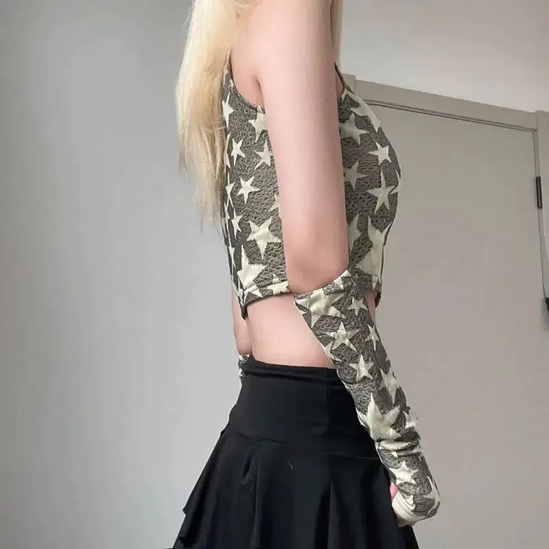 Y2K Crop Top with Turtleneck and Fingerless Gloves