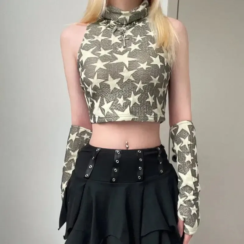 Y2K Crop Top with Turtleneck and Fingerless Gloves