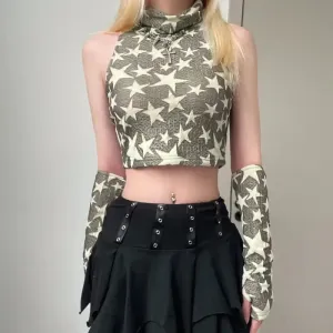 Y2K Crop Top with Turtleneck and Fingerless Gloves