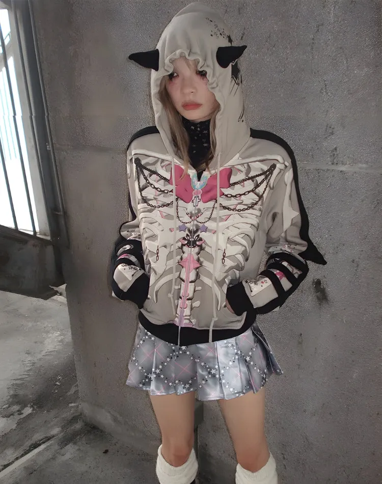 Y2K Grunge Skeleton Zip-Up Hoodie