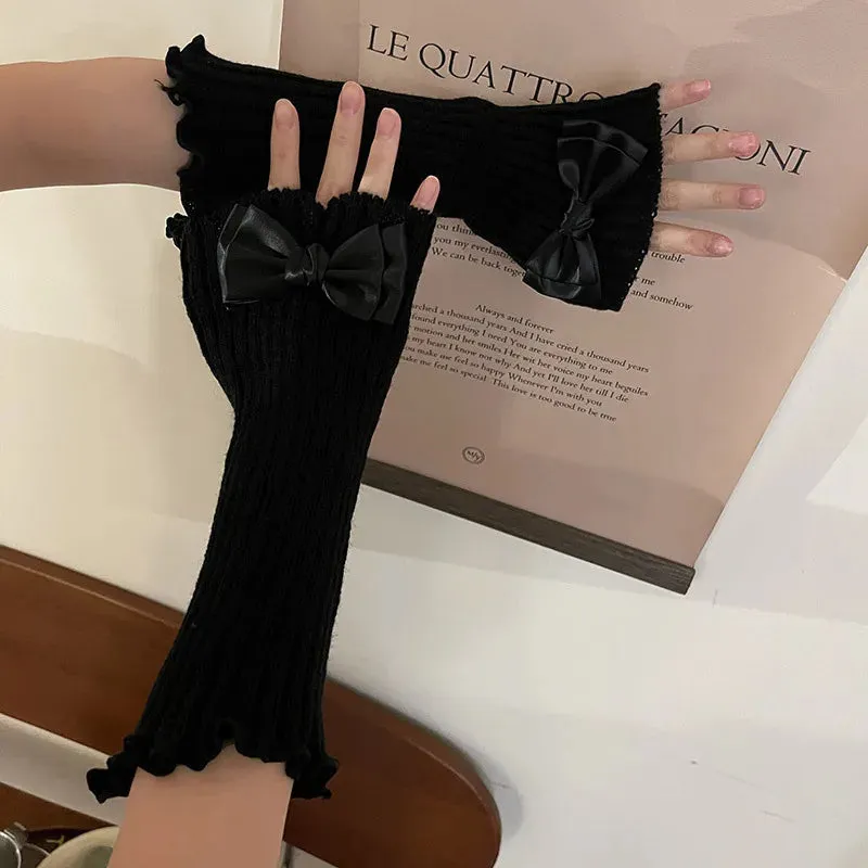 Y2K Lolita Knitted Bow Tie Fingerless Gloves