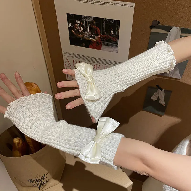 Y2K Lolita Knitted Bow Tie Fingerless Gloves