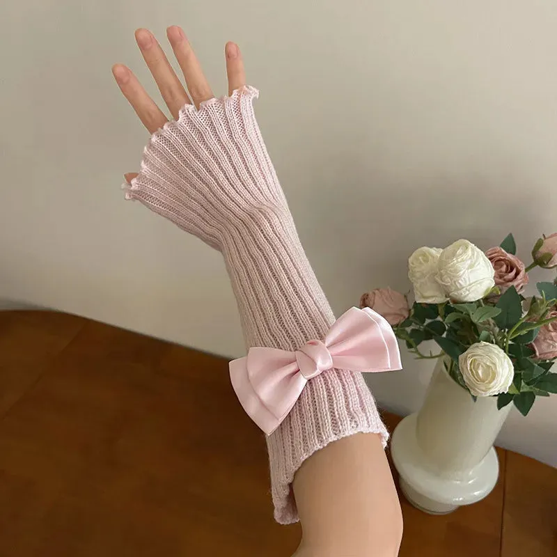 Y2K Lolita Knitted Bow Tie Fingerless Gloves