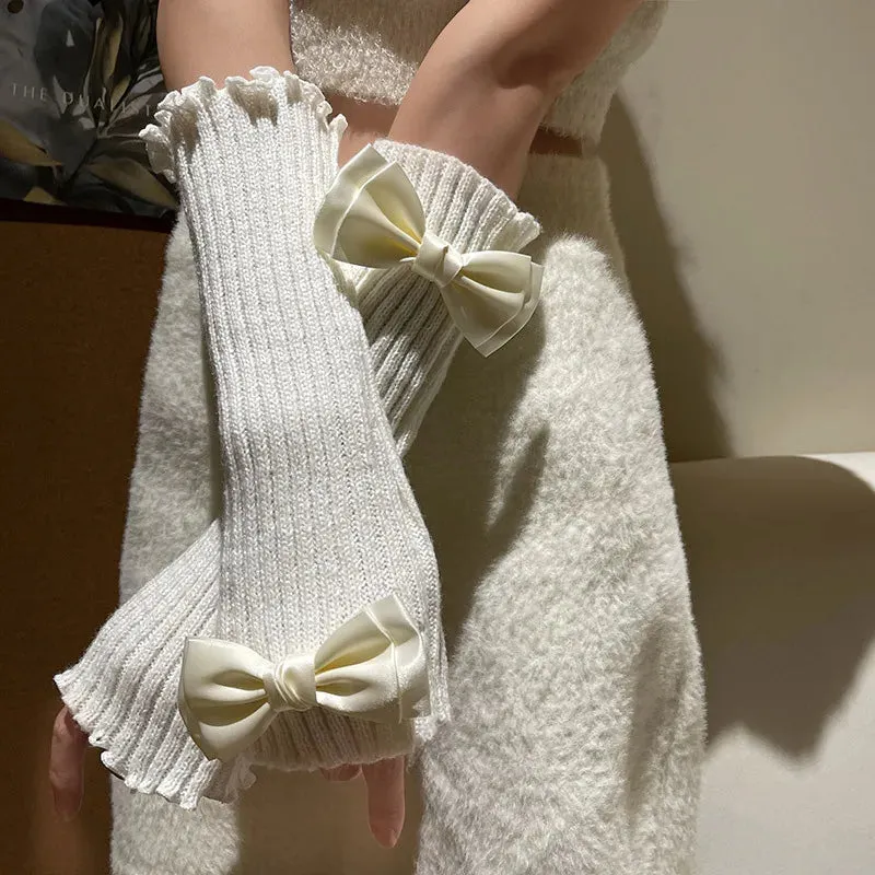 Y2K Lolita Knitted Bow Tie Fingerless Gloves