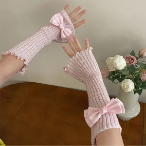 Y2K Lolita Knitted Bow Tie Fingerless Gloves