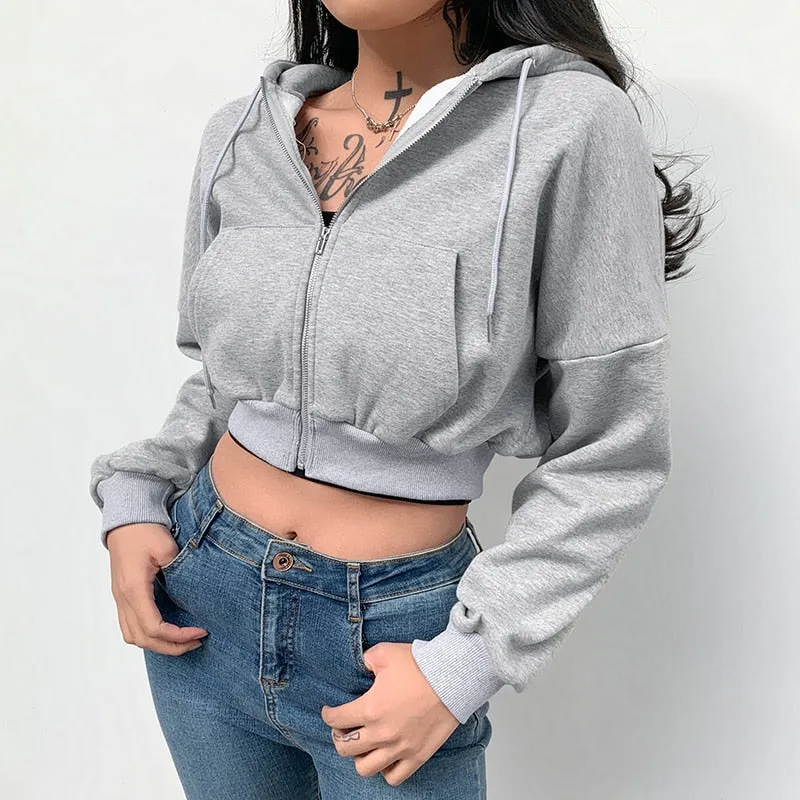 Zipped Crop Hoodie with Long Sleeves