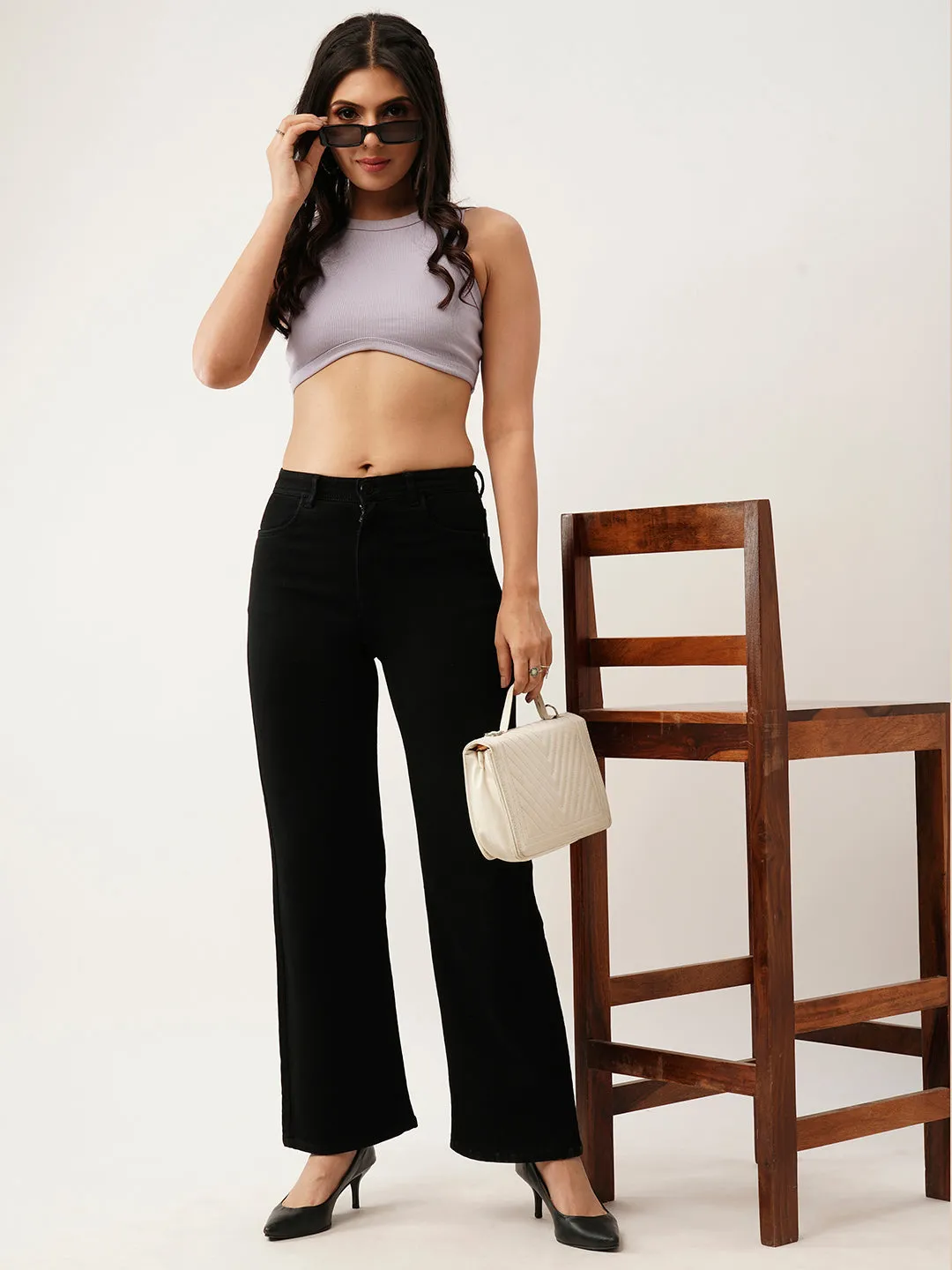 ZOLA Exclusive Ankle Length Denim Stretchable Black Flared Jeans For Women