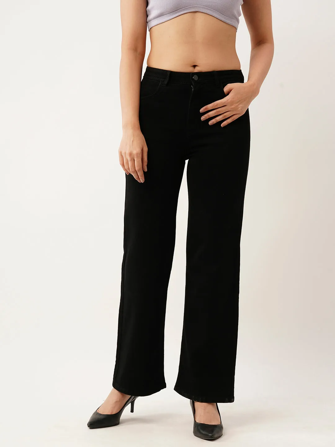 ZOLA Exclusive Ankle Length Denim Stretchable Black Flared Jeans For Women